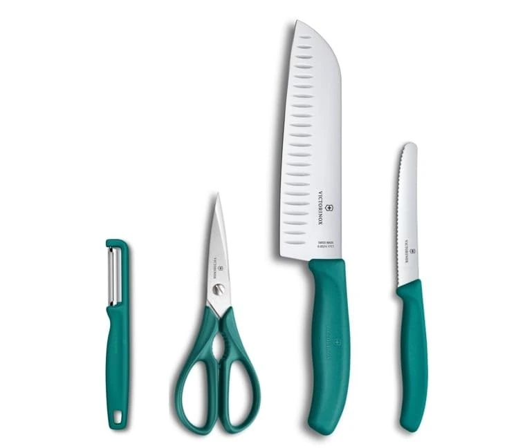 Victorinox Classic Kitchen Set, 4-Piece, Includes Peeler, Scissors, Santoku and Tomato Knife, Sharp Blades, 7–17 cm, Plastic Handles, Green