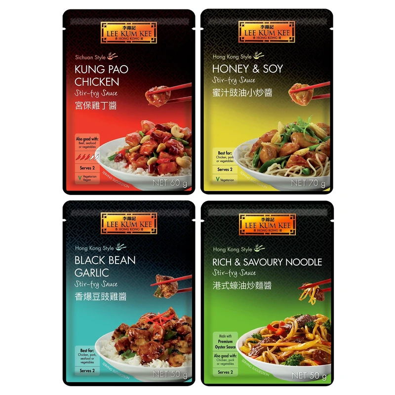 Lee Kum Kee Asian Stir Fry Sauce Bundle (4 Pack) - Black Bean & Garlic, Honey & Soy, Kung Pao, and Rich & Savoury Noodle - Authentic, Quick & Easy Meal Kits for Chicken, Tofu & Veg