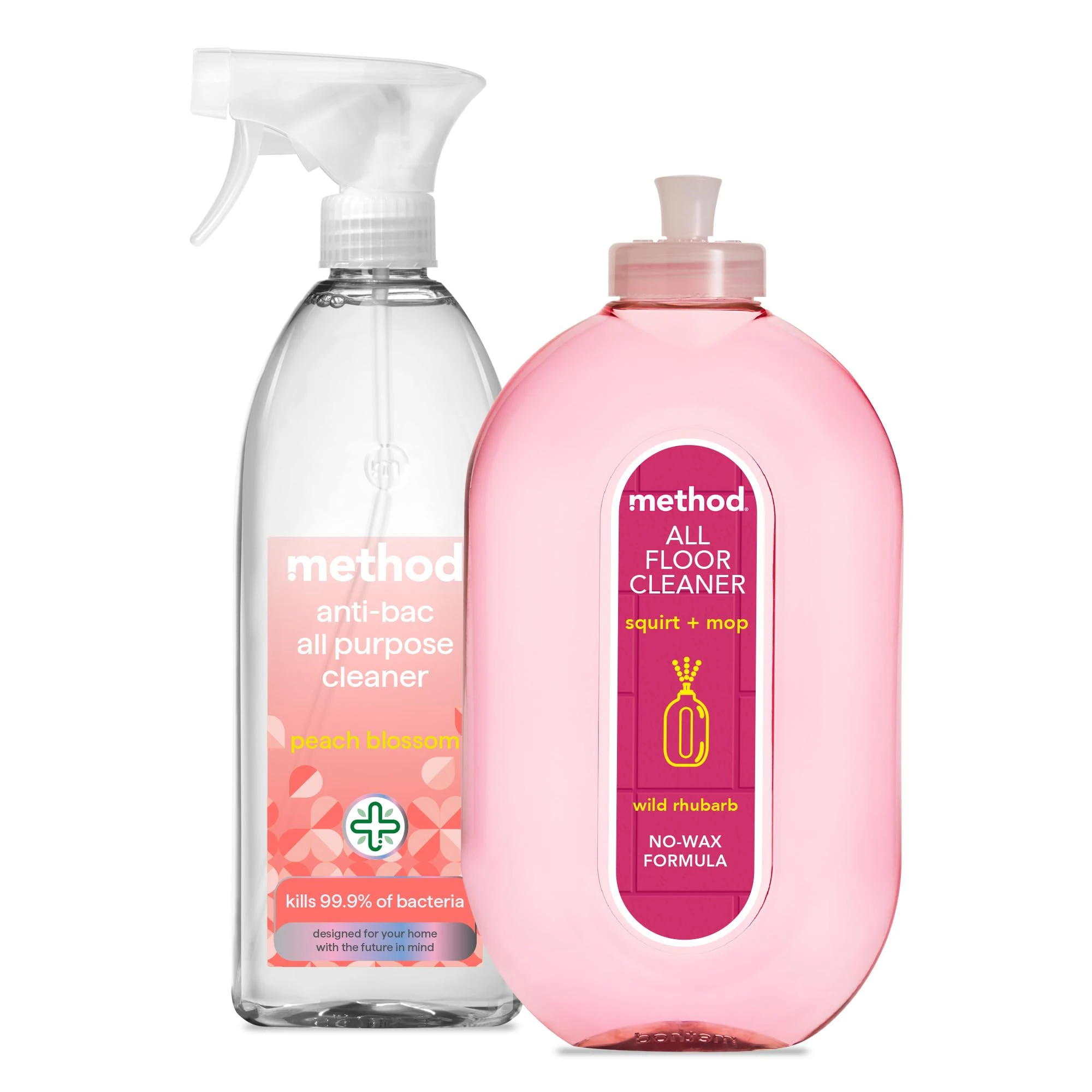 Method Floor Cleaner, Wild Rhubarb, 1x739 ml + Method Antibacterial Spray, All Purpose Cleaner, Peach Blossom, 1x828 ml