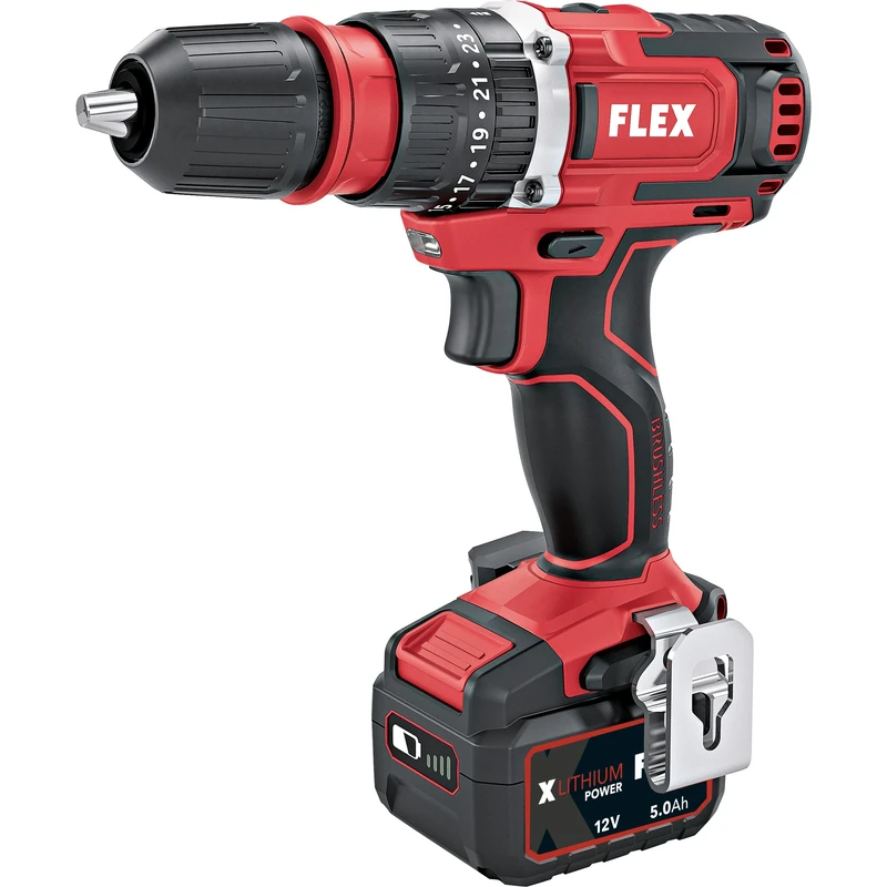 Flex 2-Speed Cordless Hammer Drill 12 V (2 Gears, 12 V, Cordless Hammer Drill, Belt Clip, Bit Garage, Bit Holder, 2.5/5.0 Ah Battery Capacity, Hand Tool, Hand Drill) 533847