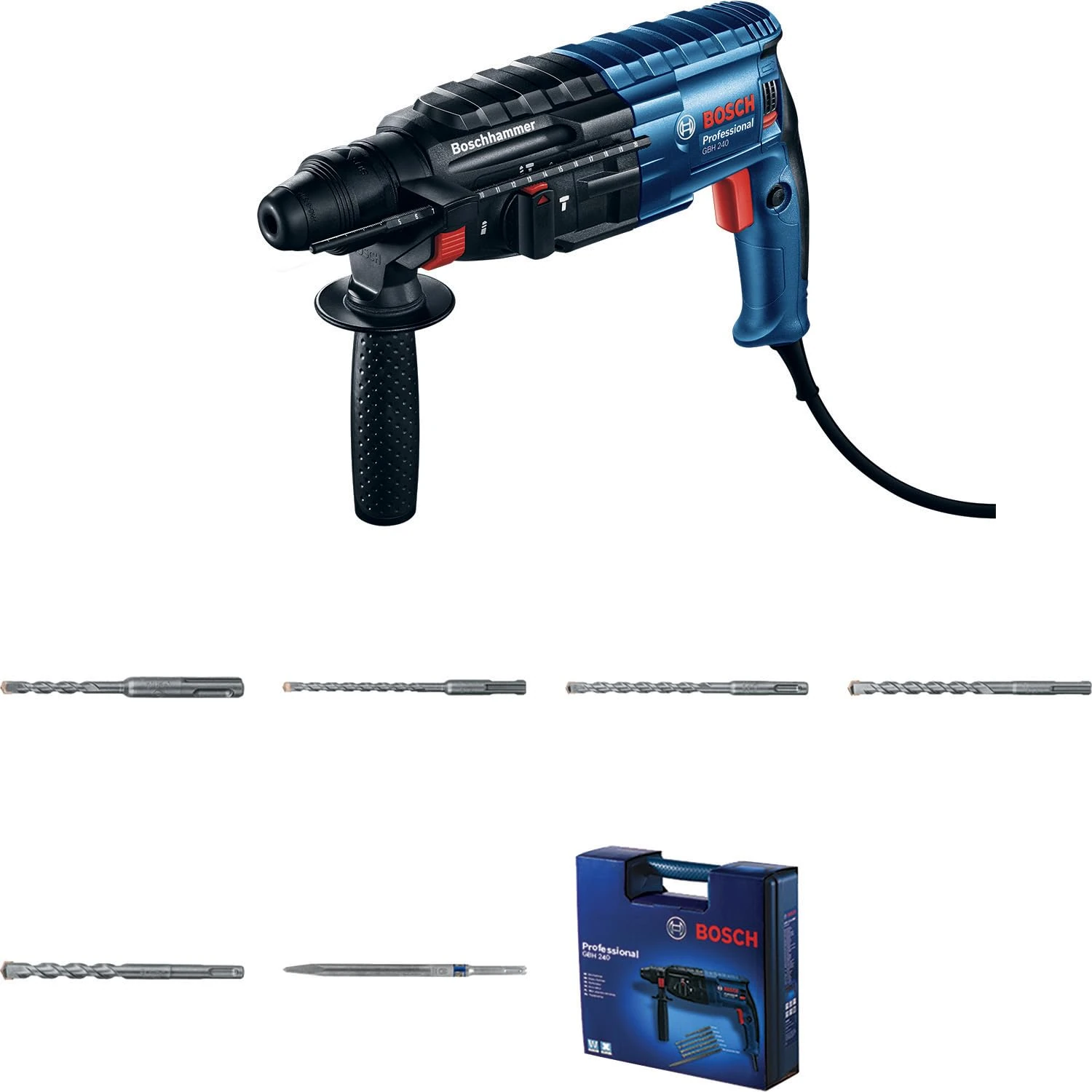 Bosch Professional Rotary Hammer GBH 240 (SDS Plus, 2.7J Impact Energy, 2.8kg, Reverse Mode, Rotation Control Clutch, Variable Speed, Vario-Lock, incl. Depth Stop 210mm, Auxiliary Handle, Carry Case)