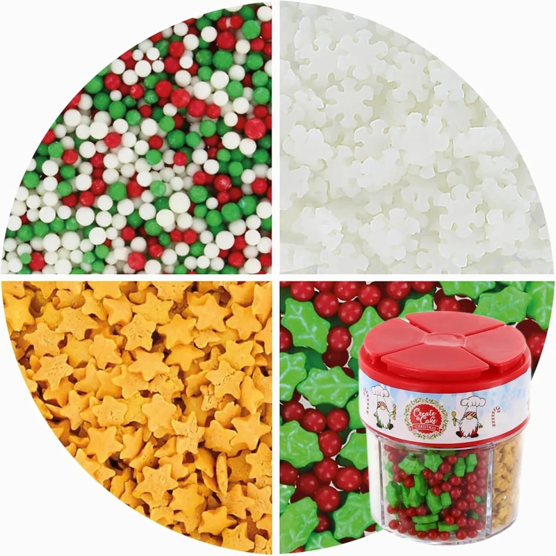 Create A Cake Christmas Sprinkle Mix | 4 Different Magical Cake Decoration Sprinkles For Baking, Desserts, & Ice-Cream | Holly & Berries, Snowflakes, Gold Stars, Red & Green Non-Pareils | 74g