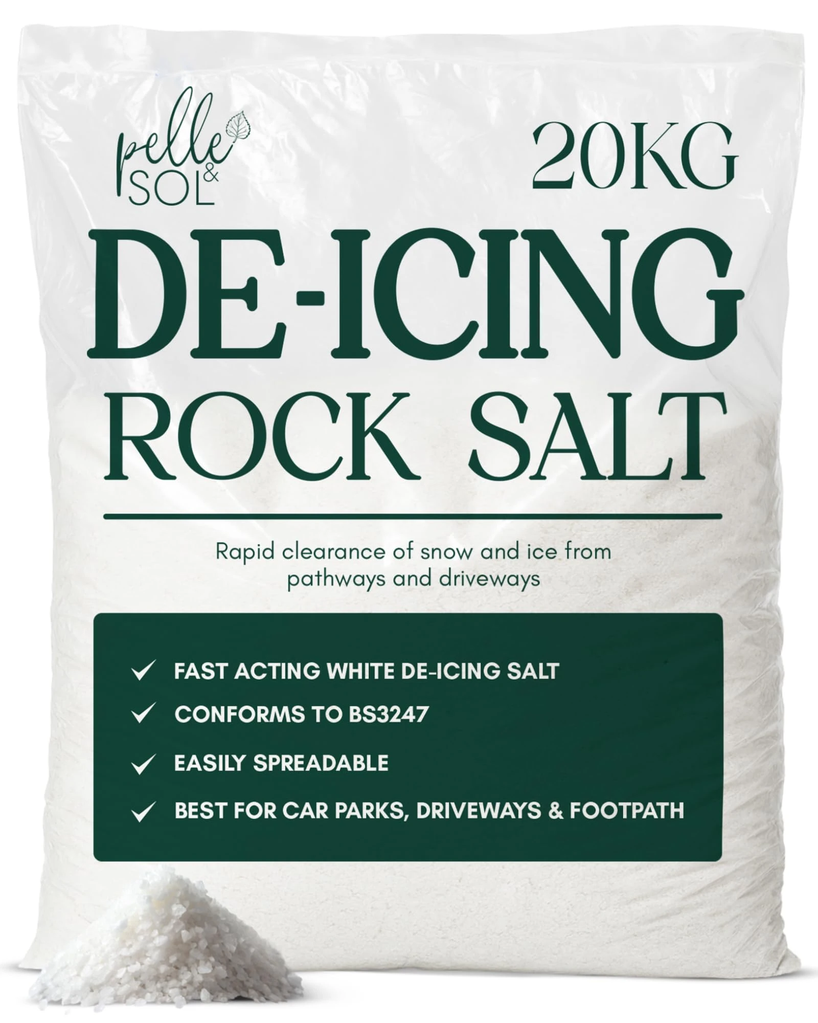 Pelle & Sol 20kg Rock Salt - Fast-Acting Deicing Salt for Melting Snow and Ice on Driveways, Paths & Roads - Rocksalt for Winter Safety - Snow Essentials, Prevents Freezing in Garden, Safe on Surfaces