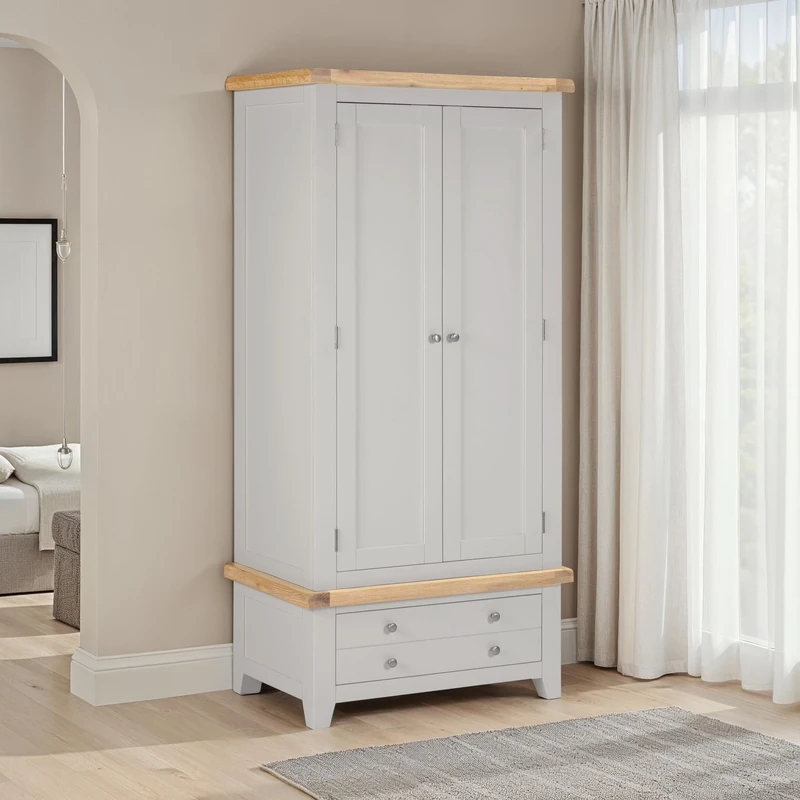 Seconique Windsor 2 Door 1 Drawer Wardrobe in Pebble Grey/Oak