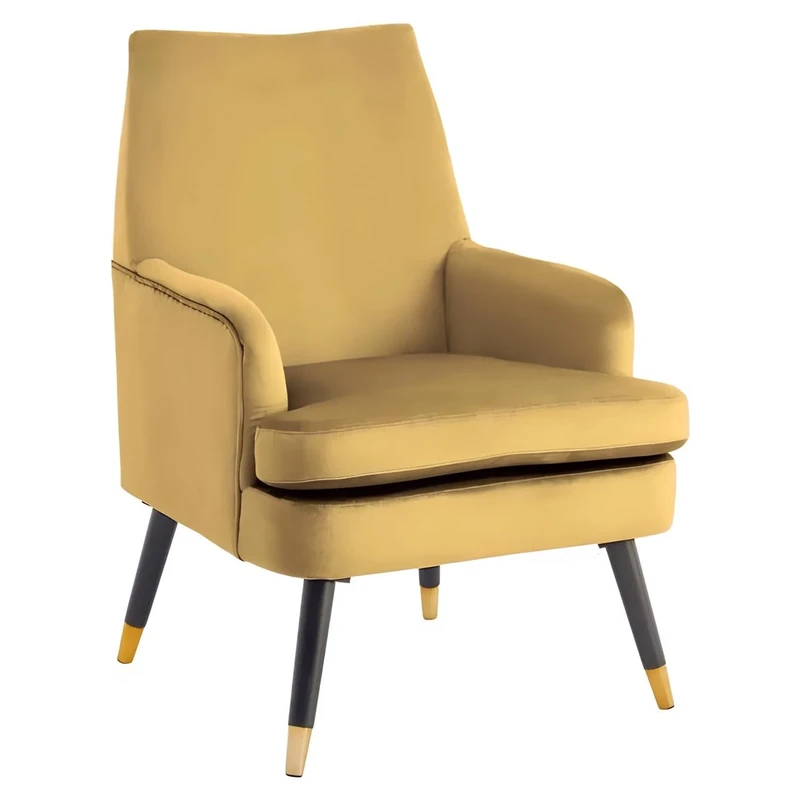 FWStyle Loretta Mustard Yellow Velvet Padded Armchair – Modern Upholstered Lounge Chair with Gold-Tipped Black Legs – Luxury Statement Chair for Living Room, Bedroom, or Home Office