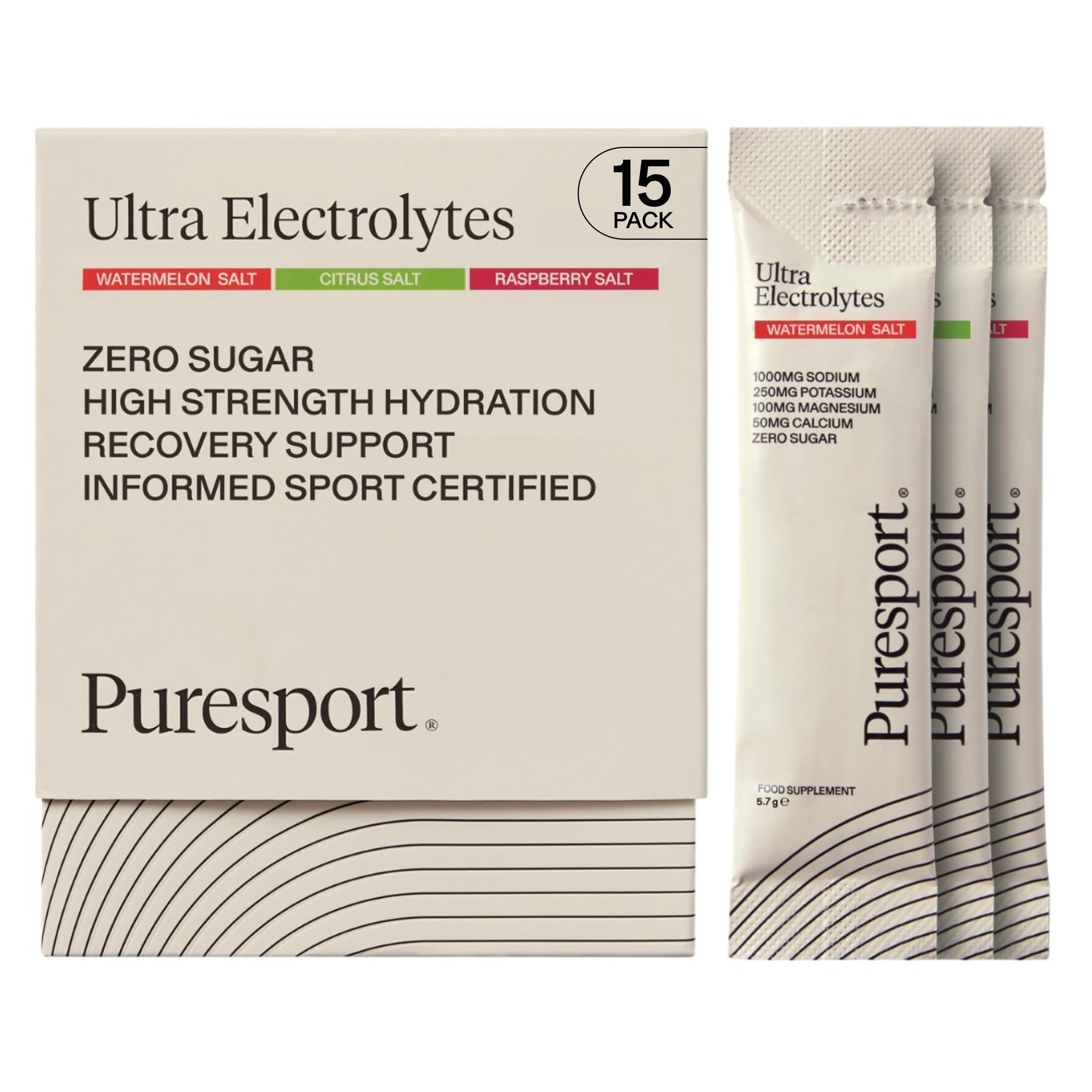 Puresport Ultra Electrolytes Hydration Variety Pack (15 Pack) | Watermelon, Citrus & Raspberry Salt/5 Electrolyte Sachets of Each | Sugar Free Electrolytes Powder | Optimise Hydration/Support Muscles