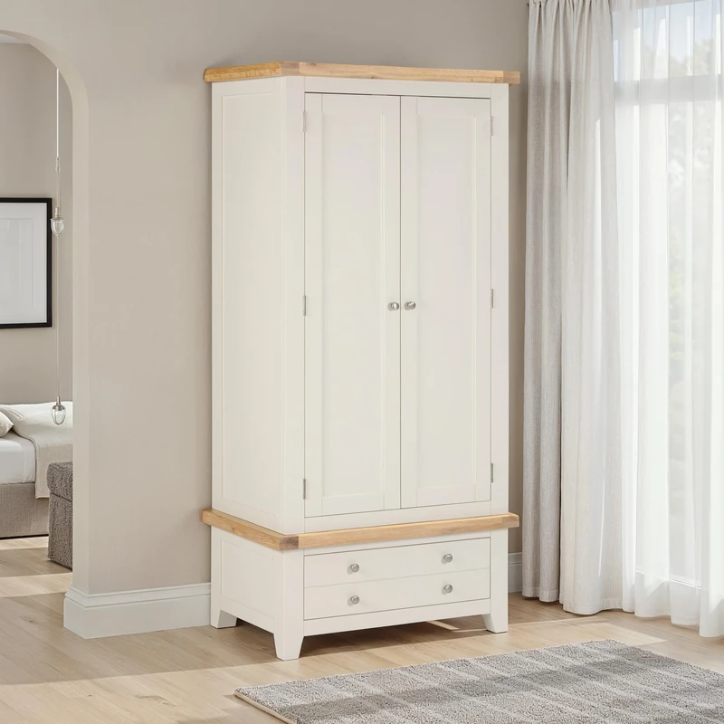 Seconique Windsor 2 Door 1 Drawer Wardrobe in Ivory/Oak