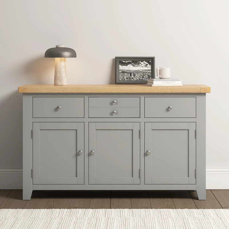 Seconique Windsor 3 Door 3 Drawer Sideboard in Pebble Grey/Oak