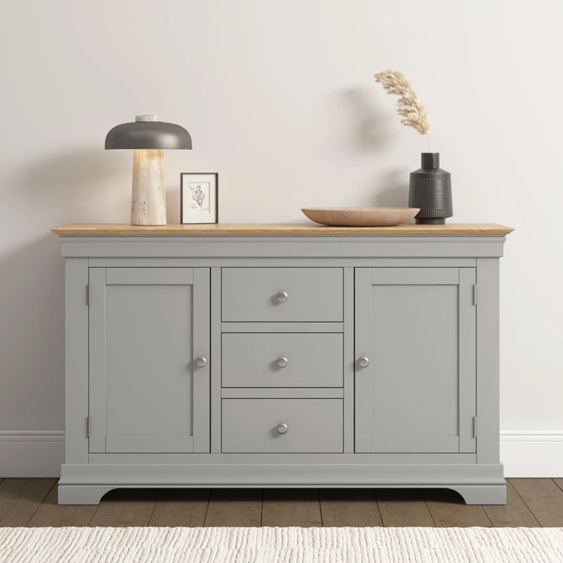 Seconique Bordeaux 2 Door 3 Drawer Sideboard in Pebble Grey/Oak