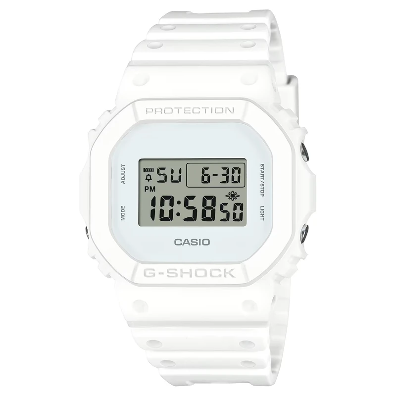 Casio G-Shock Digital Quartz Watch with Plastic Strap, Resin Case, Stopwatch, Countdown, Alarm, Light Functions, Waterproof 200 Metres, White, DW-5600WW-7ER
