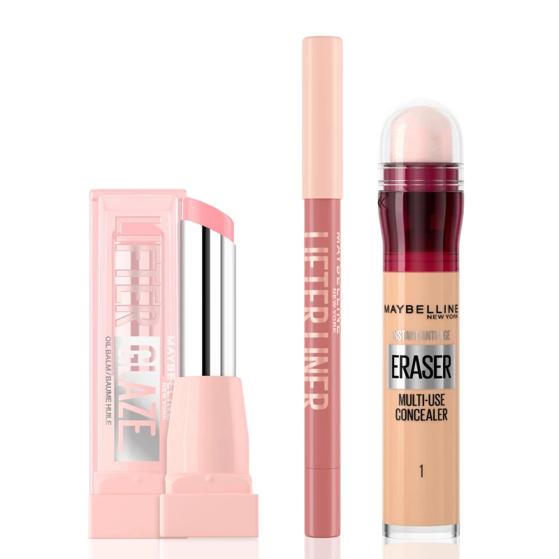 Mrs Hinch's Approved Maybelline Make-Up Must-Haves Bundle; Eraser Eye Concealer Shade Light, Lifter Glaze Lip Oil Balm Shade Pink Drip, Lifter Liner Lip Liner with Hyaluronic Acid Shade Line Leader