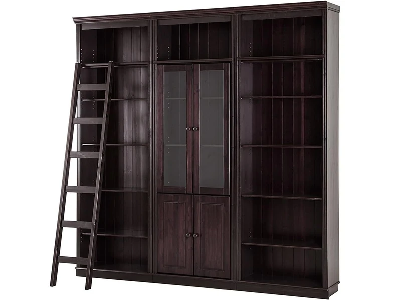 Anita Wall Unit D with 3 Bookcases, 2 Glass Doors, 2 Wooden Doors and 1 Ladder in Havana Lacquer, 222 x 34 x 223 cm (W x D x H)
