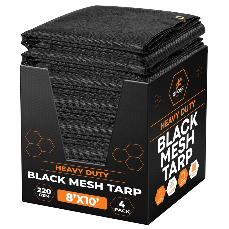 Xpose Safety Heavy Duty Mesh Tarp 8' x 10' (4-Pack) – Multipurpose Black Protective Cover with Air Flow - Use for Tie Downs, Shade, Fences, Canopies, Dump Trucks – Weather and Tear Resistant