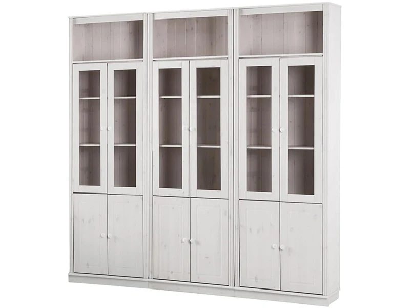 Anita Wall Unit 8 with 3 Bookcases, 6 Wooden Doors, and 6 Glass Doors in White Lacquer, 222x34x223 cm (W x D x H)