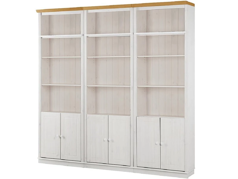 Anita Wall Unit B with 3 Bookcases and 6 Wooden Doors in White Honey, 222 x 34 x 223 cm (W x D x H)