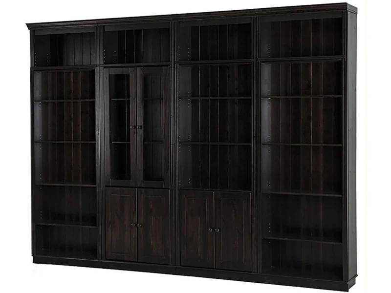Anita Wall Unit 5 with 4 Bookcases, 4 Wooden Doors and 2 Glass Doors in Havana Lacquer, 296 x 34 x 223 cm (W x D x H)
