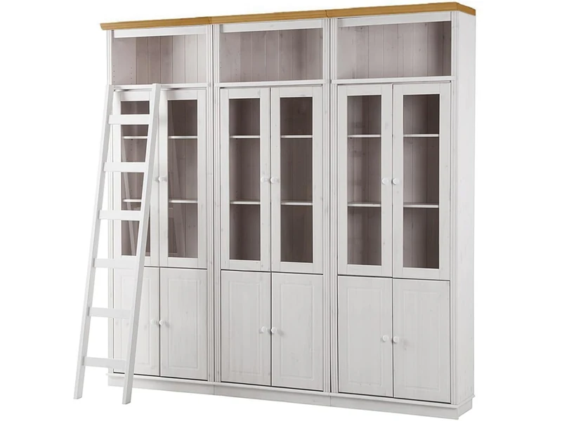 Anita Wall Unit C with 3 bookcases, 6 glass doors and 6 wooden doors in white honey, 222x34x223 cm