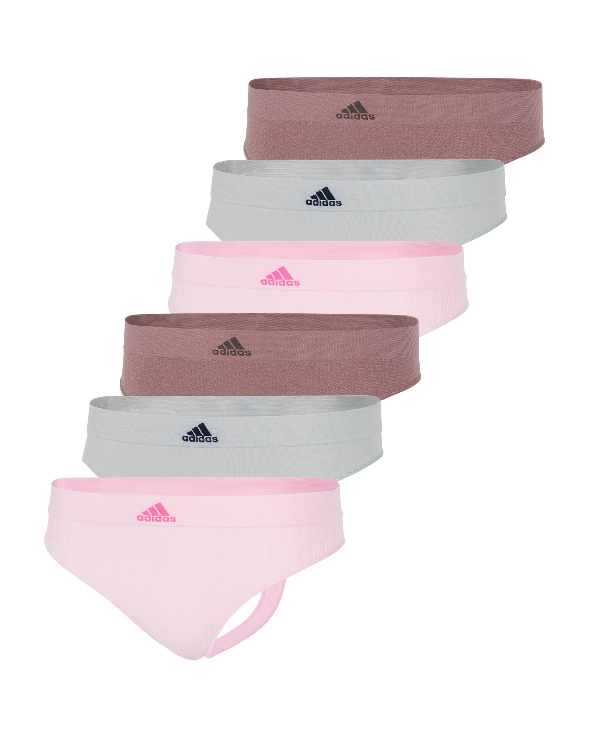 adidas Women's Seamless Thong Underwear Multipack Panties, Wonder Pink Ribbed/Wonder Silver/Wonder Oxide Fishnet, M