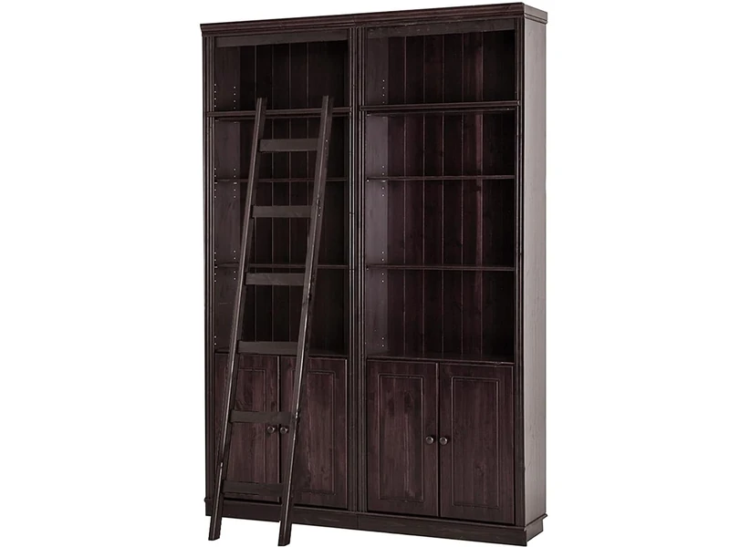 Anita Wall Unit G with 2 bookcases, 4 wooden doors and 1 ladder in havana lacquer, 148x34x223 cm