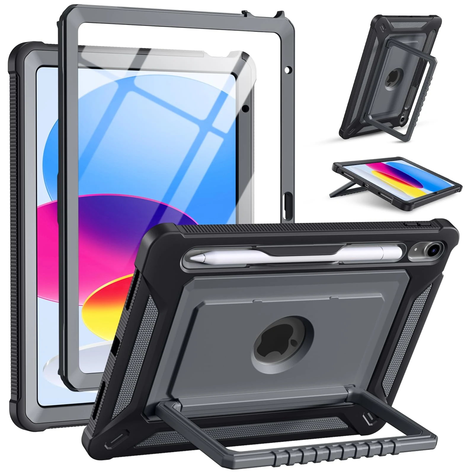 Vobafe Case for iPad (A16) 11th/10th Generation 2025/2022 11 Inch/10.9", Full-Body Shockproof Outdoor Cover with Screen Protector, Rotating Stand, with Pencil Holder, Spacce Gray