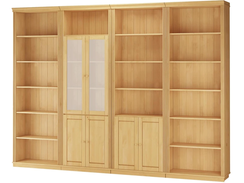 Anita Wall Unit 5 with 4 bookcases, 4 wooden doors and 2 glass doors in stained wax, 296x34x223 cm