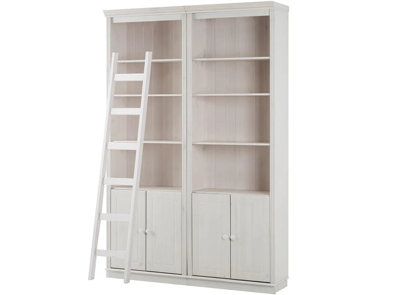 Anita Wall Unit G with 2 bookcases, 4 wooden doors and 1 ladder in white lacquer, 148x34x223 cm