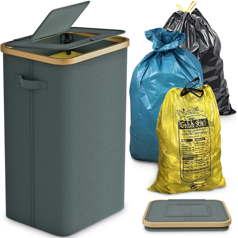 DOKRVLOQ Yellow Bag Stand Stable with Lid - Large Bin & Bin Bag Holder for Kitchen & Household | 70L-120L Rubbish System Container Grey - Practical Bin Bag Stand