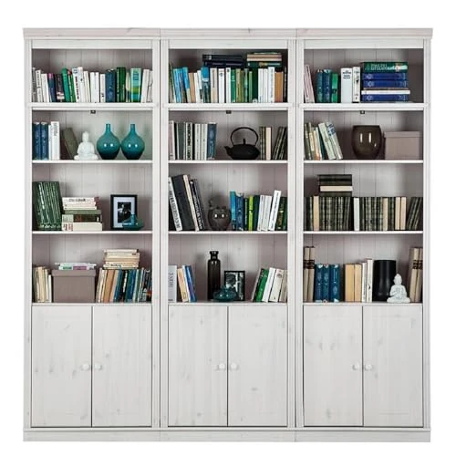 Anita Wall Unit B with 3 bookcases and 6 wooden doors in white lacquer, 222x34x223 cm