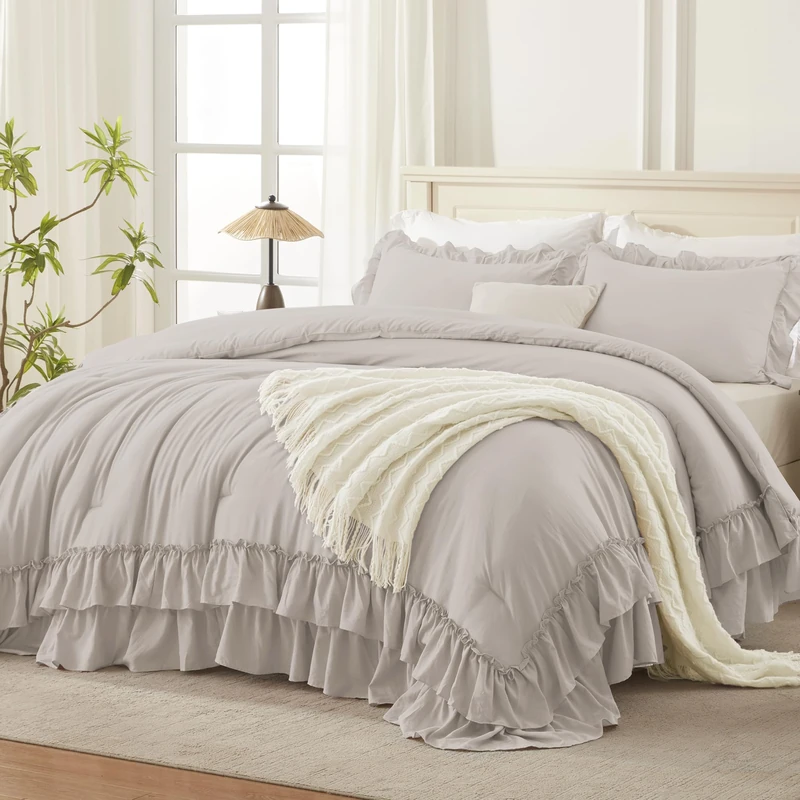 Andency Linen Grey Ruffle Full Size Comforter Set, 3 Pieces
