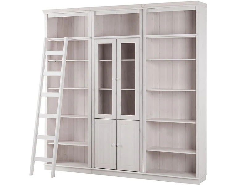 Anita Wall Unit D with 3 bookcases, 2 glass doors, 2 wooden doors and 1 ladder in white lacquer, 222x34x223 cm
