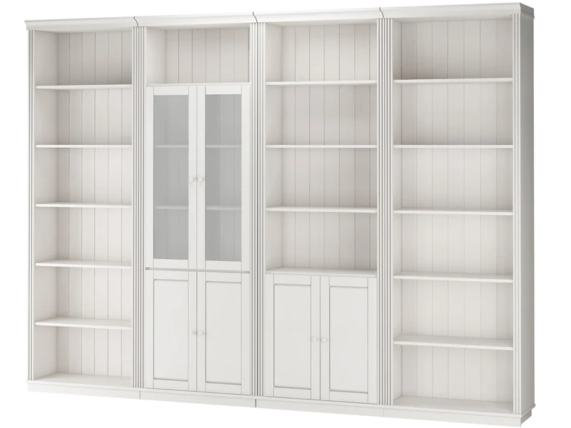 Anita Wall Unit 5 with 4 bookcases, 4 wooden doors and 2 glass doors in white lacquer, 296x34x223 cm