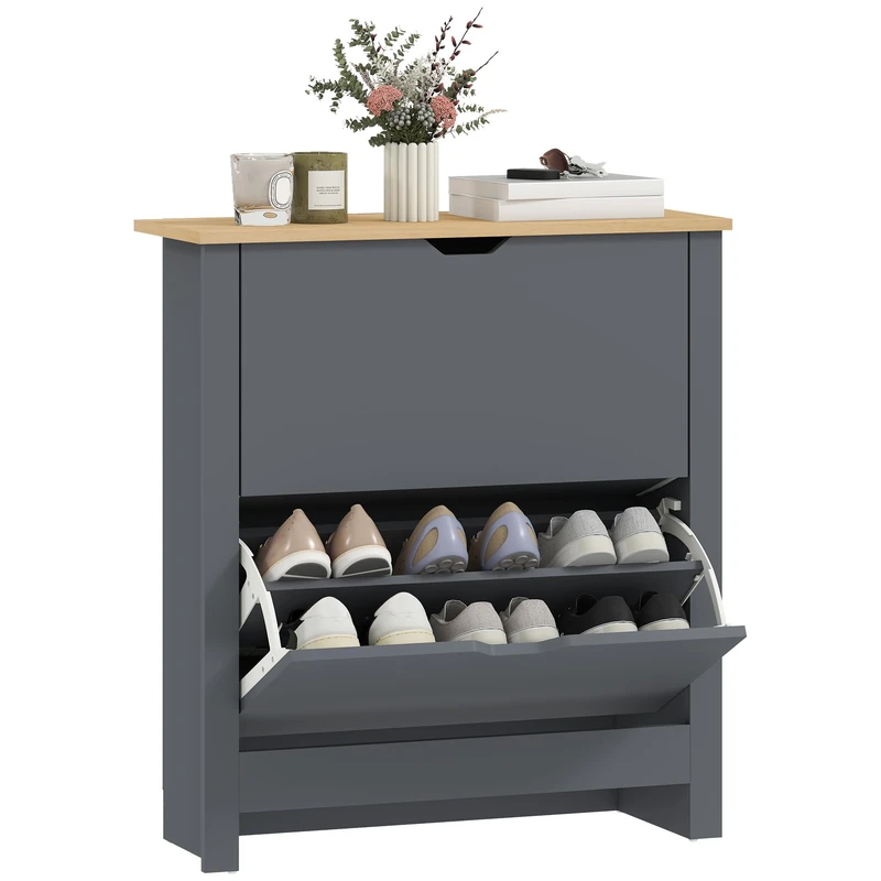 HOMCOM Narrow Shoe Cabinet, Space Saving Shoe Storage Cabinet with 2 Flip Drawers and Adjustable Shelves for 6-12 Pairs of Shoes for Hallways and Living Room, Charcoal Grey