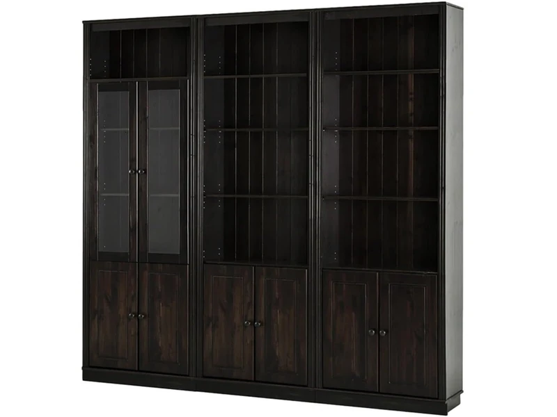 Anita Wall Unit 4 with 3 Bookcases, 6 Wooden Doors, and 2 Glass Doors in Havana Lacquer, 222 x 34 x 223 cm (W x D x H)