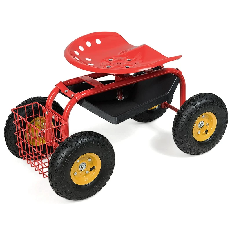 FANTASK Garden Seat with Shelf, 360° Rotatable with Wheels, Height-Adjustable for Gardening, Metal (Red)