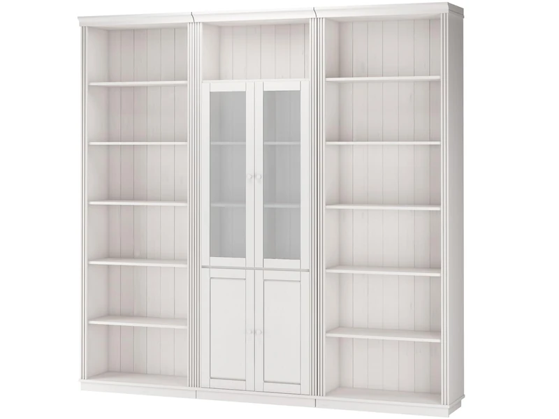 Anita Wall Unit 7 with 3 bookcases and 2 glass doors and 2 wooden doors in white lacquer, 222xx34x223 cm