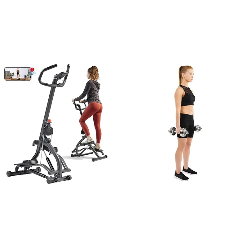 Sunny Health & Fitness Stair Stepper w/Handlebar, Extended Step Range Machine + Adjustable 15 KG Dumbbell Set w/Carry Case, Space Saver, Secure Quick-Lock, Anti-Slip Steel Handle