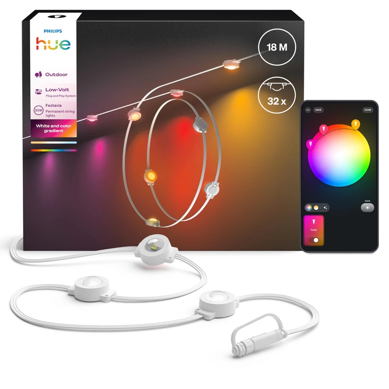 Philips Hue Festavia String Lights, 18 M, White & Color Ambiance, 55 Lumens, 32 Dimmable Bulbs, White Cable, Weatherproof, Easy to Install