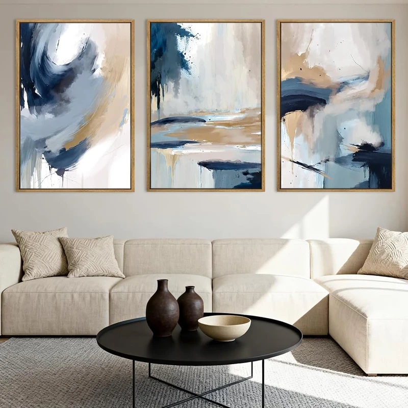 Anyzal Large Blue Abstract Wall Art Framed Modern Artwork Neutral Wall Decor for Living Room Bedroom Office 24X36 Inch Set of 3