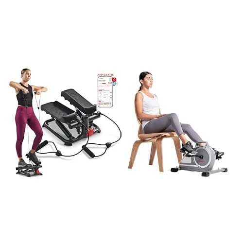 Sunny Health and Fitness Total Body Smart 2-in-1 Stepper Machine w/Resistance Bands + Magnetic Under Desk Mini Exercise Cycle Bike, with Digital Monitor and Carrying Handle