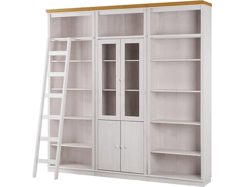 Anita Wall Unit D with 3 bookcases, 2 glass doors, 2 wooden doors and 1 ladder in white honey, 222x34x223 cm