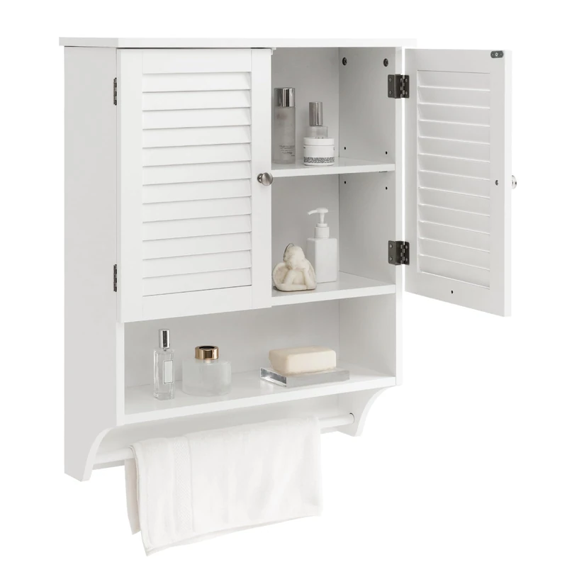 FANTASK 3 Storage Compartments Bathroom Cabinet, Wall Cupboard Wooden with Adjustable Shelf, Wall Cabinet, Kitchen Cabinet (White)