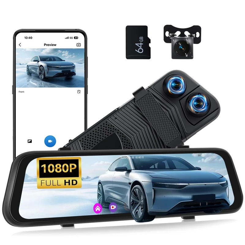 OiLiehu 9.66" Mirror Dash Cam, Smart Rear View Mirror Camera, 1080P Dash Cam Front and Rear Inside Triple Cameras, Night Vision, Parking Assist, G-sensor, Loop Record, APP Control, Include 64G Card