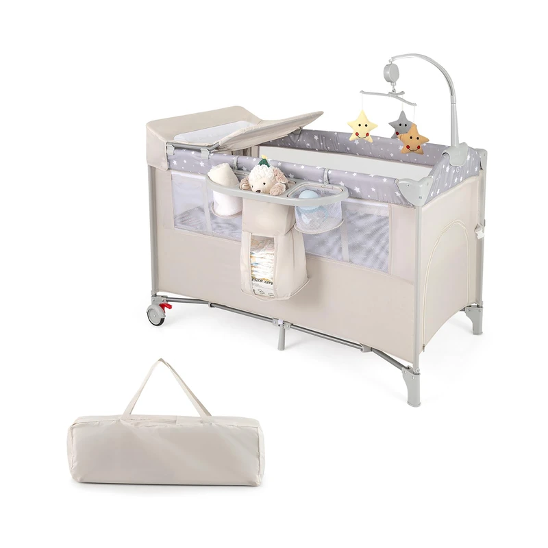 FANTASK 5-in-1 Foldable Baby Bed, Side Cot Baby with Wheels, Play Arch & Changing Mat, Travel Cot with Mattress and Carry Bag, Mobile Children's Travel Bed for Baby up to 3 Years (Beige)