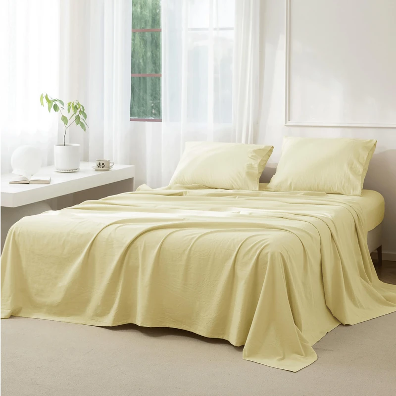 JIYUAN Cal King Washed Cotton Sheet Set, 4-Piece, Relaxed Linen Feel