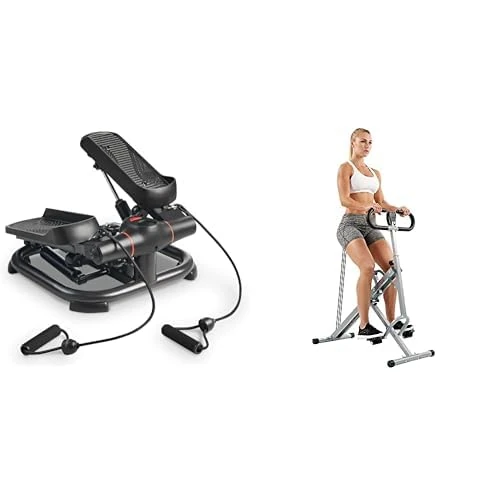 Sunny Health & Fitness 2-in-1 Premium Power Stepper with Resistance Bands + Upright Row-N-Ride Rowing Machine, Horse Riding Machine for Home Gym Use