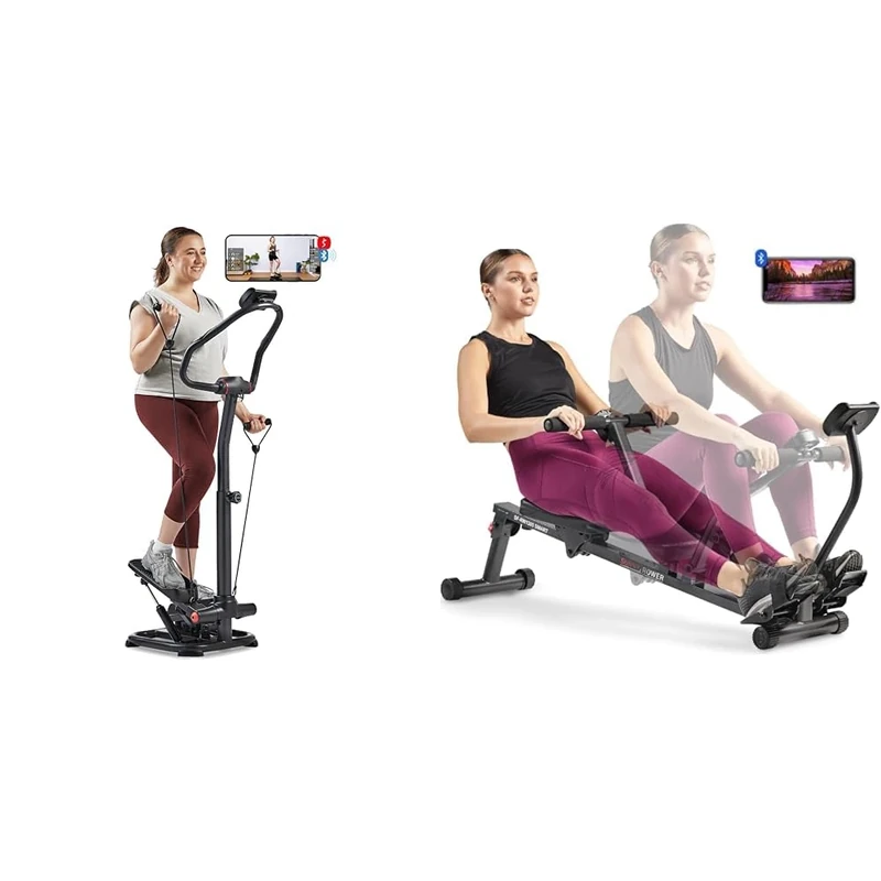 Sunny Health & Fitness Smart 2-in-1 Power Stepper with Resistant Bands & Handlebar + Smart Compact Adjustable Rowing Machine, 12 Levels Adjustable Resistance
