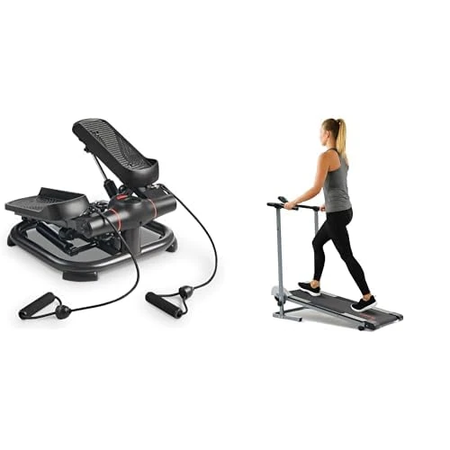 Sunny Health & Fitness 2-in-1 Premium Power Stepper with Resistance Bands + Foldable Manual Treadmill, Durable Non-Electric Incline Exercise