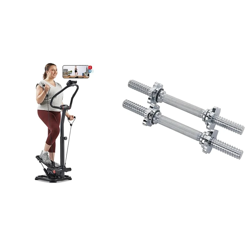 Sunny Health & Fitness Smart 2-in-1 Power Stepper with Resistant Bands & Handlebar + Sunny Health & Fitness 35.5 cm (14") Threaded Chrome Dumbbell Bar