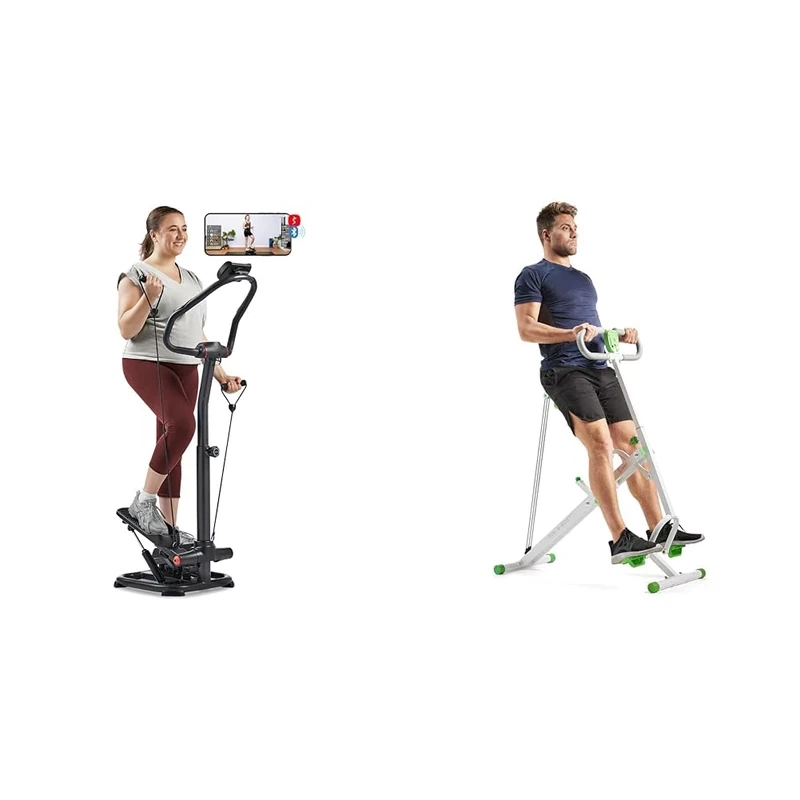 Sunny Health & Fitness Smart 2-in-1 Power Stepper with Resistant Bands & Handlebar + Row-N-Ride Assist Trainer for Body Cardio Workout with Adjustable Resistance, Upright