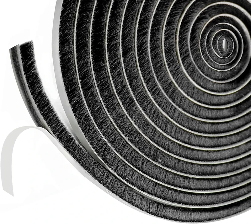10M Draft Excluder for Doors Windows, 9mm(W) x 5mm(T) Brush Weather Stripping Tape Self-Adhesive Seal Strip, Black